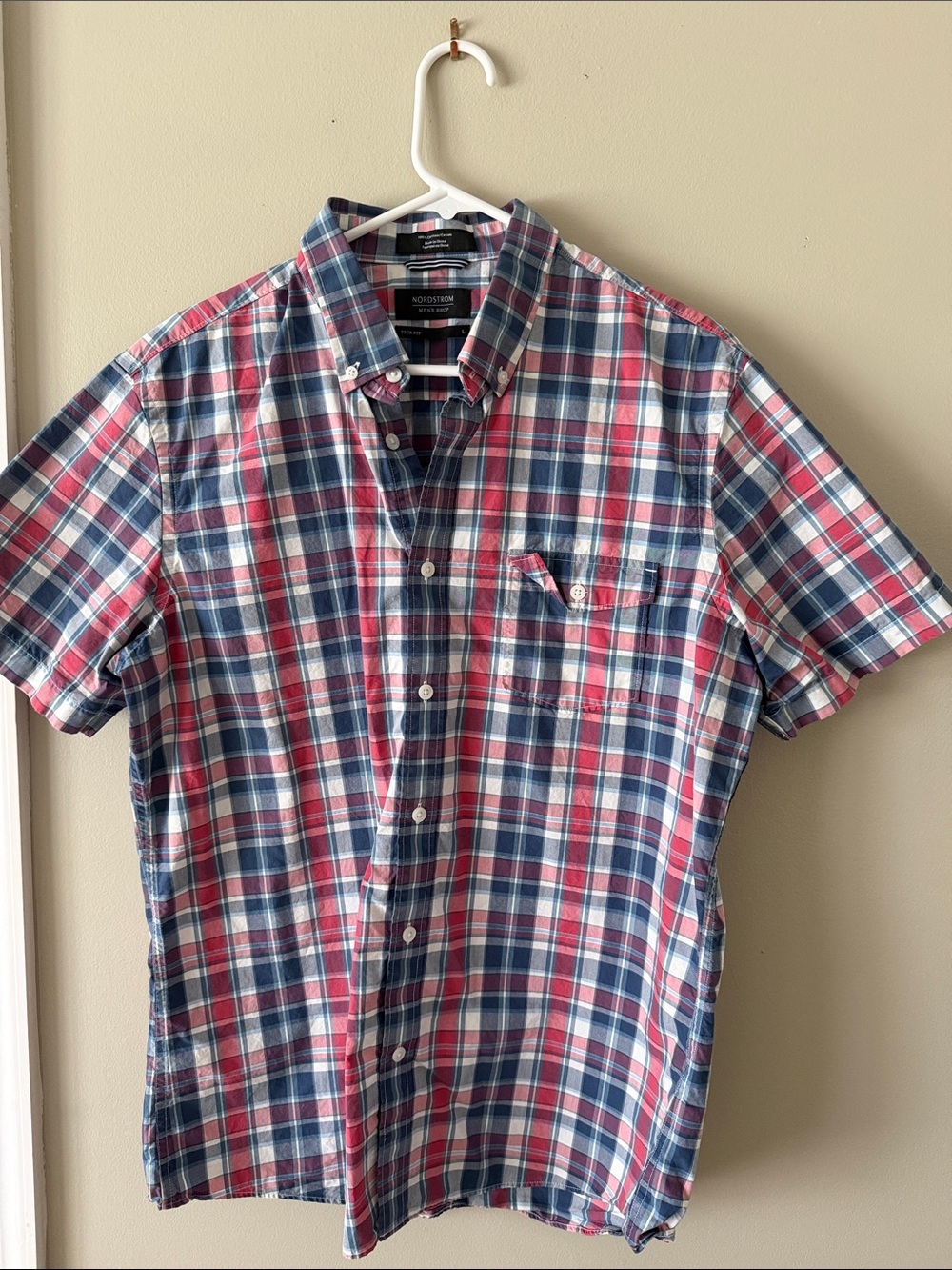 Nordstrom Men’s Short-Sleeve Plaid Button-Down Shirt - Blue & Red